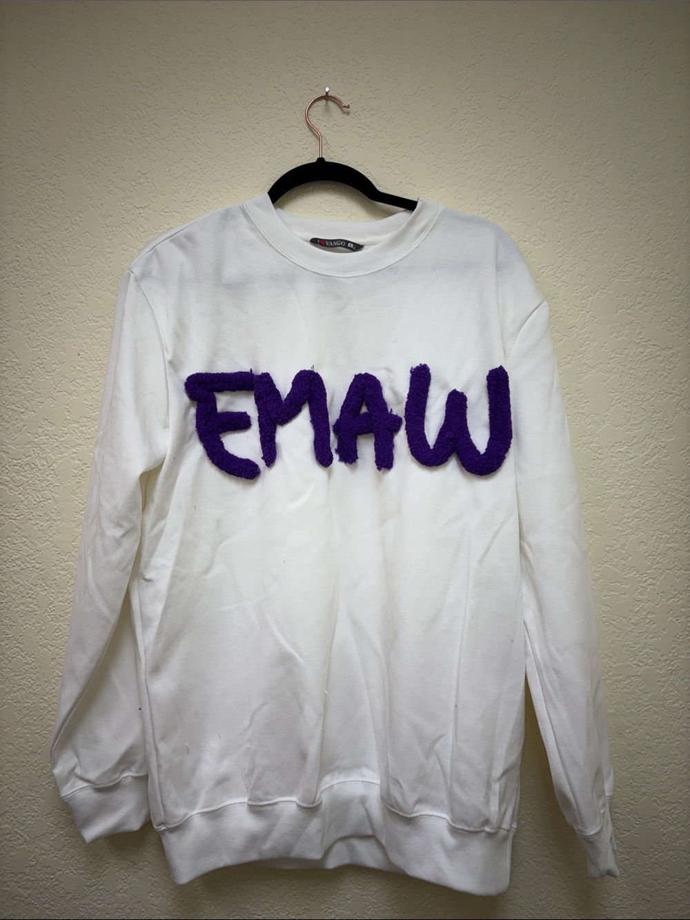 White Crewneck Sweatshirt with Purple Fuzzy EMAW Logo